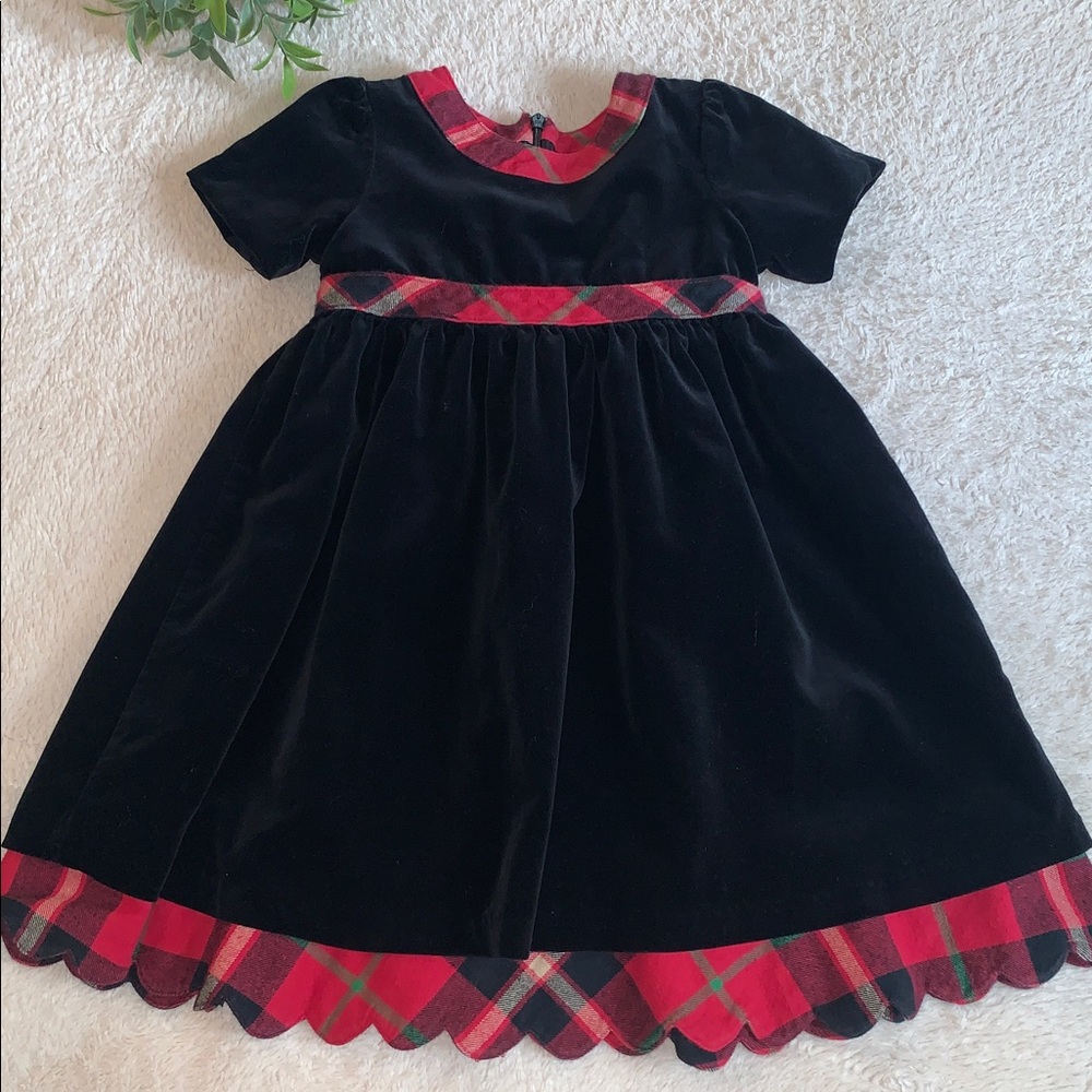 Hanna Andersson 90 Holiday Black Velvet & Flannel Dress EUC